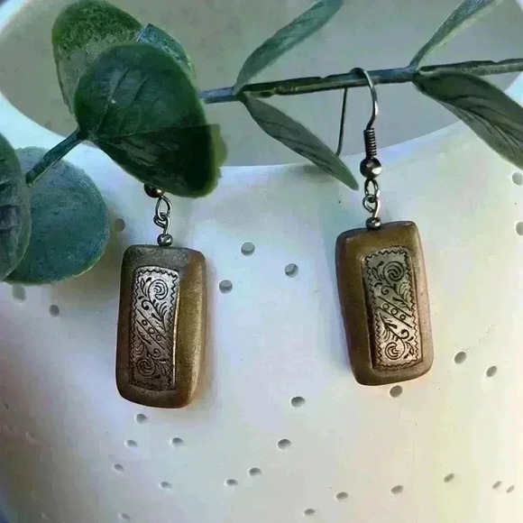 Rustic Silver and Brown Rectangle Earrings - Picture 3 of 6